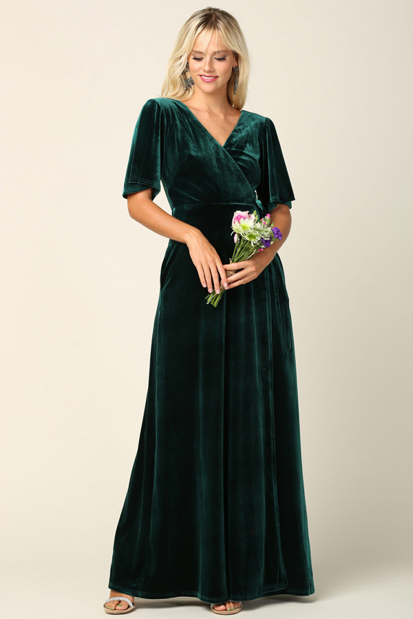 Flutter Half Sleeve Velvet Wrap Gown